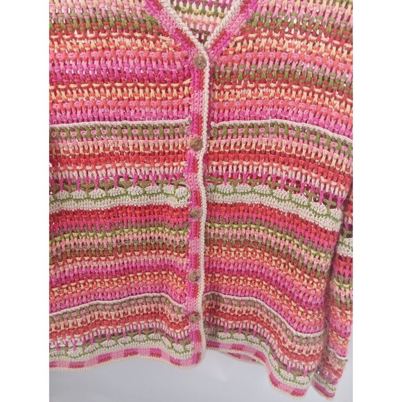 Norm Thompson Vintage Pink Green Red Striped Open Knit Crocheted Cardigan Size M - Picture 3 of 7